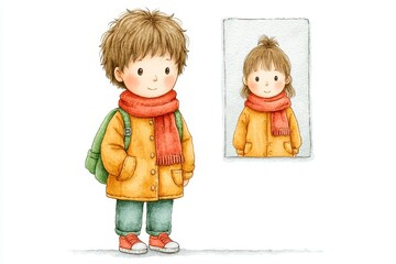 Young Child in Yellow Coat and Red Scarf Looking at a Portrait Illustration