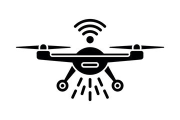 A black drone icon with a Wi-Fi signal flying through the air