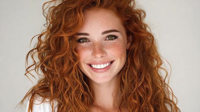 Beautiful ginger girl with natural freckled skin laughing, authentic beauty concept.