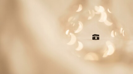 Minimal Kaaba Silhouette with Crescent Moon Bokeh in Warm Beige Tones and Copy Space