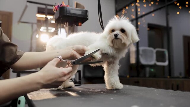 Professional groomer trimming a maltese puppy's fur with scissors at a pet salon, providing essential dog grooming and care services