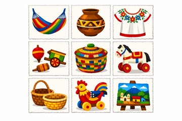 Salvadoran handicrafts icons in torn vector texture style