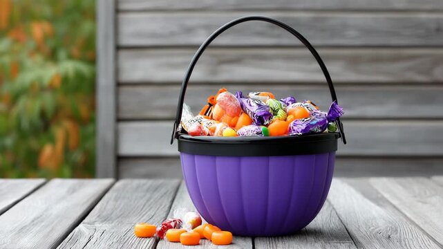 Colorful bucket filled with candy on a wooden table during autumn season