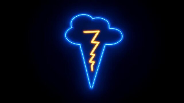 Glowing neon cloud with a lightning bolt against a dark background, illustrative of weather or energy