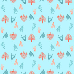 Seamless coral pattern with hand drawn marine plants on light blue background, seamless pattern perfect for textile, wallpaper, packaging, surface design, ocean inspired decor