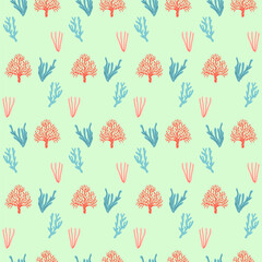 Seamless coral pattern with hand drawn marine plants on light green background, seamless pattern ideal for textile, wallpaper, packaging, surface design, ocean inspired decor