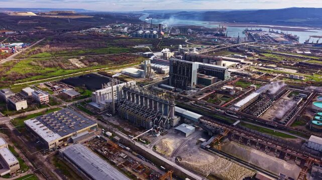 Factories and machinery occupy a large area along with a river in the background. Smoke rises from chimneys while vehicles move around the location.
