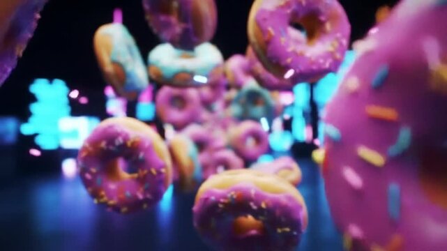 Delicious donuts with colorful icing falling against a vibrant neon cityscape background.