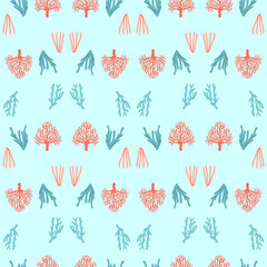 Seamless coral pattern with hand drawn marine plants on light turquoise background, seamless pattern for textile, wallpaper, packaging, surface design, ocean themed decor