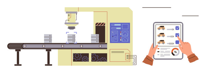 Quality control, manufacturing inspection, technology automation, industrial processing, production efficiency, data tracking. Machine scanning items on a conveyor belt with a hand inspecting