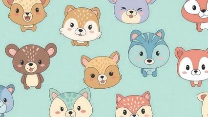 Obraz premium Adorable Cartoon Animal Faces Pattern for Kids and Baby Illustrations