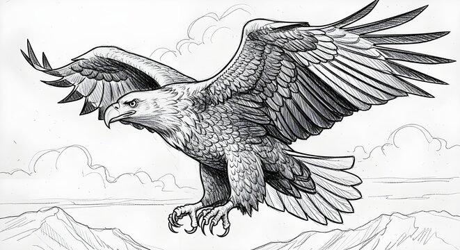 Ilustrasi Sketsa Elang Botak Terbang di Atas Pegunungan