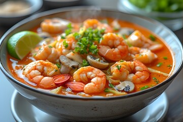 bowl of tom yum goong with prawns and mushrooms