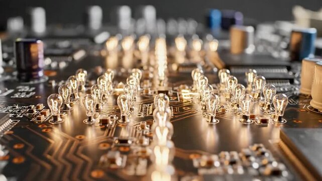 A close-up view of a computer motherboard, gold pins arranged in rows on a circuit board with various components