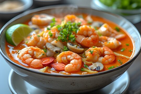 bowl of tom yum goong with prawns and mushrooms
