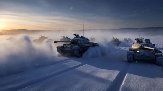 Tank convoy moving through snow field at sunrise. Military vehicle action on winter battlefield. Graphic for historical war or veterans event.