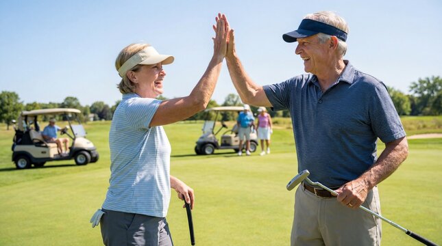 High-Five on the Green: A moment of elation unfolds on a sun-drenched golf course as a duo shares a celebratory high-five. Capturing the essence of teamwork and shared achievement.