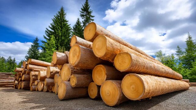 Stacked logs ready for transport in a forest area during day with clouds in the sky