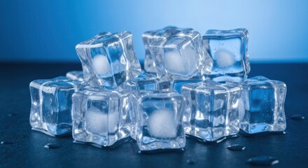 Group of clear, square ice cubes on a dark surface against a blue gradient