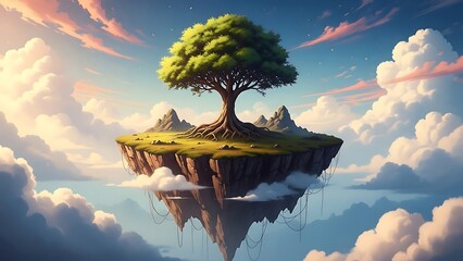 Floating island with tree and cloudy sky