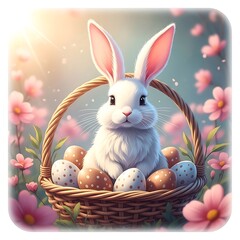 Easter bunny in a flower filled basket with colorful eggs