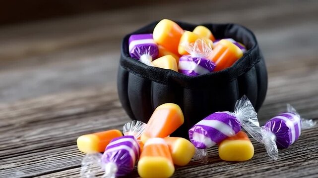 Colorful candies in a black bowl arranged on a wooden table ready for a festive occasion