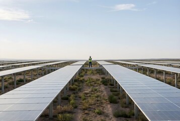 Naklejka premium Wide landscape view of an expansive solar energy farm with long rows of photovoltaic panels in a desert.