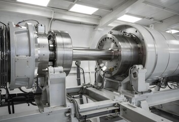 Massive industrial shaft and bearing assembly in a heavy manufacturing plant for large scale production.