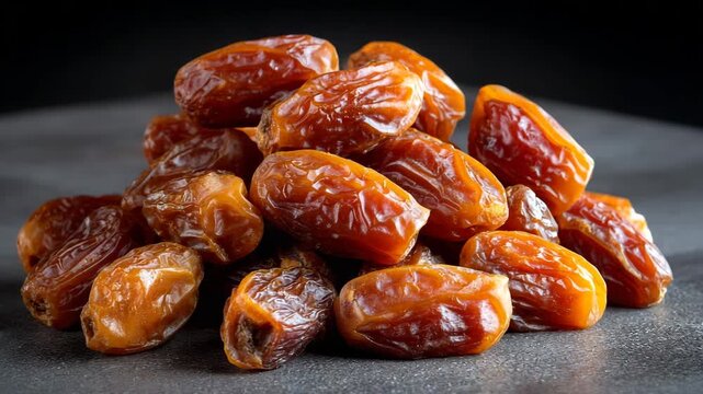 Fresh dates stacked on a dark surface in a kitchen setting during afternoon