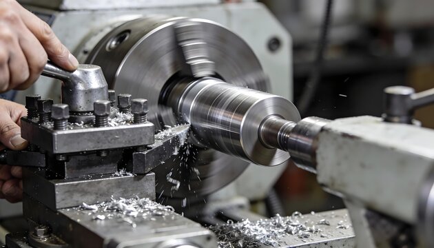 Metal lathe machine turning a steel cylinder with metal shavings and manual adjustment tool in a workshop.