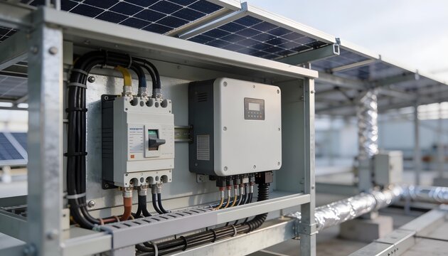 Industrial solar power inverter cabinet installed outdoors with professional wiring and conduit infrastructure.