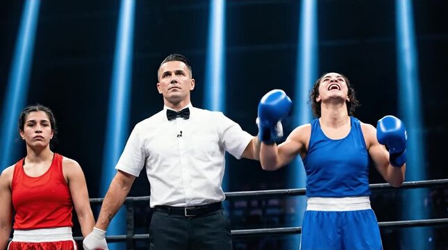 Female Boxer's Moment of Triumph: Referee Declares Winner in Spotlighted Boxing Ring After Intense Match