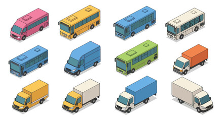 Collection of isometric vehicles including buses vans and trucks. © Ndog