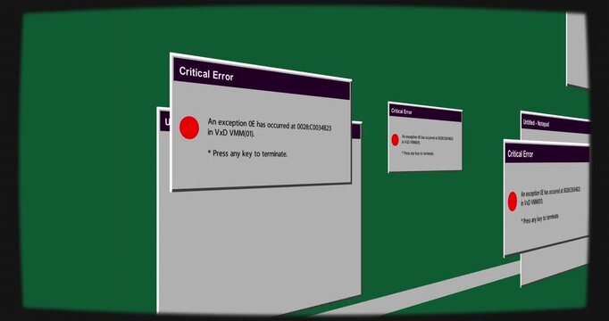 Camera panning right showing CriticalDialog receding 3D VxD VMM(01) error press any key transparent