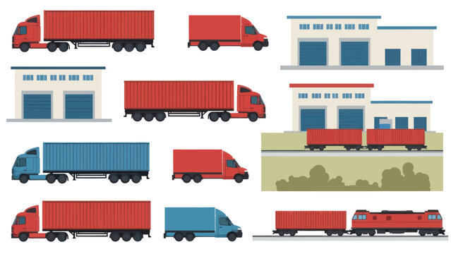 Collection of Trucks and Trains with Warehouses.