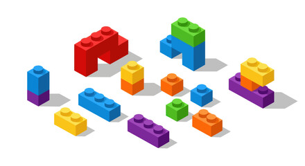 Obraz premium Colorful Building Blocks Scattered on White Background.