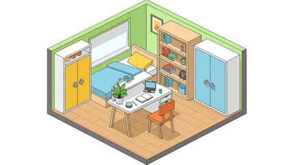 Cozy Isometric Bedroom with Study Area and Storage Solutions.