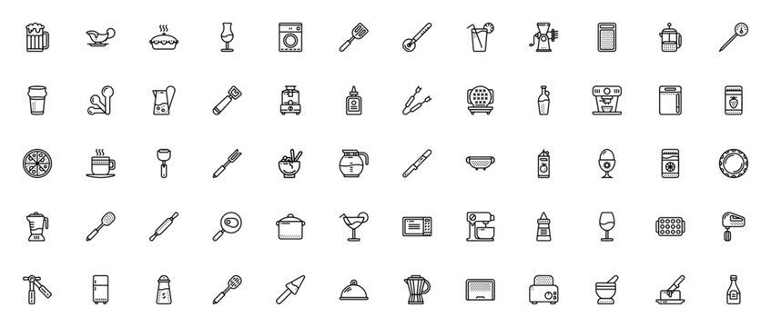 Kitchen Objects icon set. Vector illustration of cooking tools and food items. Includes beer, pizza, oven, blender, knife, fork, coffee maker, fridge, mixer and more. Editable stroke.