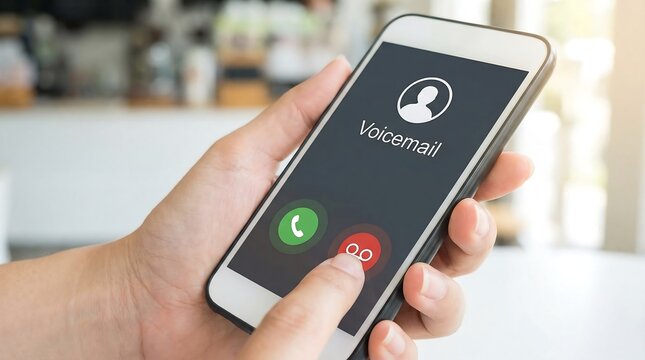 Hand holding smartphone displaying voicemail notification with missed call and message icons on screen