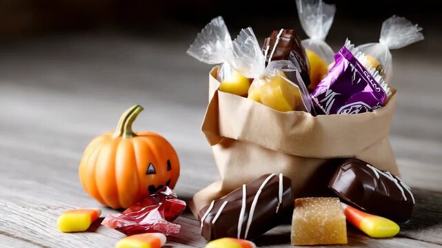 Variety of candies in a brown paper bag on a wooden table with a small pumpkin and colorful candy corn for Halloween