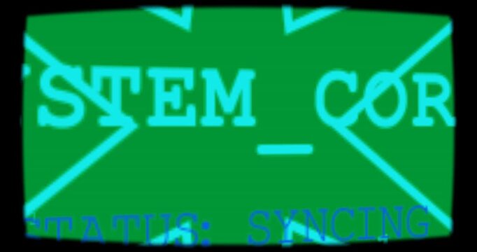 SYSTEM_CORE being boot-triggered, forming cyan X, streaming code, syncing on transparent background