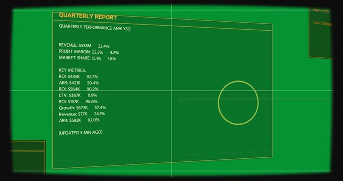 On load quarterly report panel rotating and sliding center-left, transparent bg confirming metrics