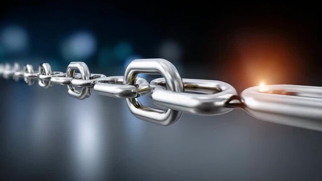 Metal chain links arranged in a line showing details of connection and strength in a bright setting