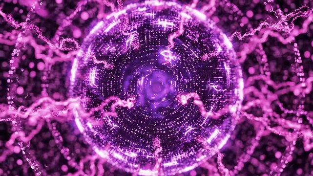 A vibrant purple orb with glowing lines and geometric patterns against a dark background with scattered dots and lightning-like streaks
