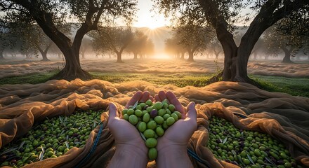 Hands holding freshly harvested green olives in an orchard