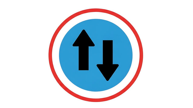 Vector icon Two-way traffic sign with up and down arrows in blue circle and red border, essential for road direction guidance and urban safety