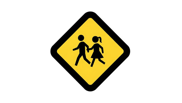 Yellow diamond-shaped warning sign depicting a silhouette of a boy and girl walking, indicating a pedestrian crossing or school zone