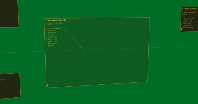 FIREWALL_STATUS window appearing on transparent bg, rotating as scan line sweeping ports status