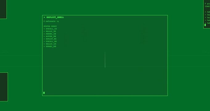 msfconsole -q initiating exploit shell, modules listing, panels arranging to form transparent HUD