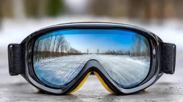 Snowy landscape reflected in ski goggles with trees and winter sky during daytime